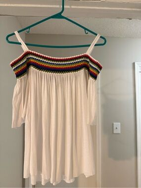 bebe White Off-Shoulder Tank with Multicolor Crochet Trim
